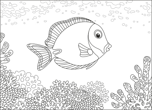 A surgeonfish swimming over amazing corals in a tropical sea, a black and white vector illustration in cartoon style for a coloring book