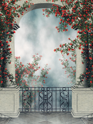 Fantasy arch with a balcony and colorful rose vines. 3D render.