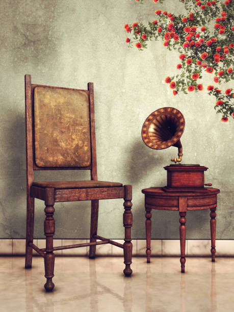 Old vintage chair and a gramophone on a small table in a room with rose vines. 3D render.