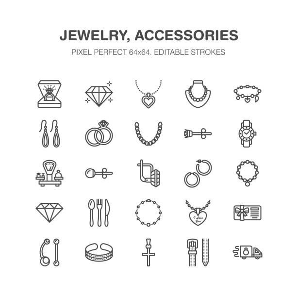 stockillustraties, clipart, cartoons en iconen met de pictogrammen van de platte lijn van sieraden, juwelen slaan tekenen. accessoires - gouden verlovingsringen, gem oorbellen, zilveren ketting, gravure kettingen, brilliants juwelen. dunne tekenen mode winkel. pixel perfect 64 x 64 - juwelier