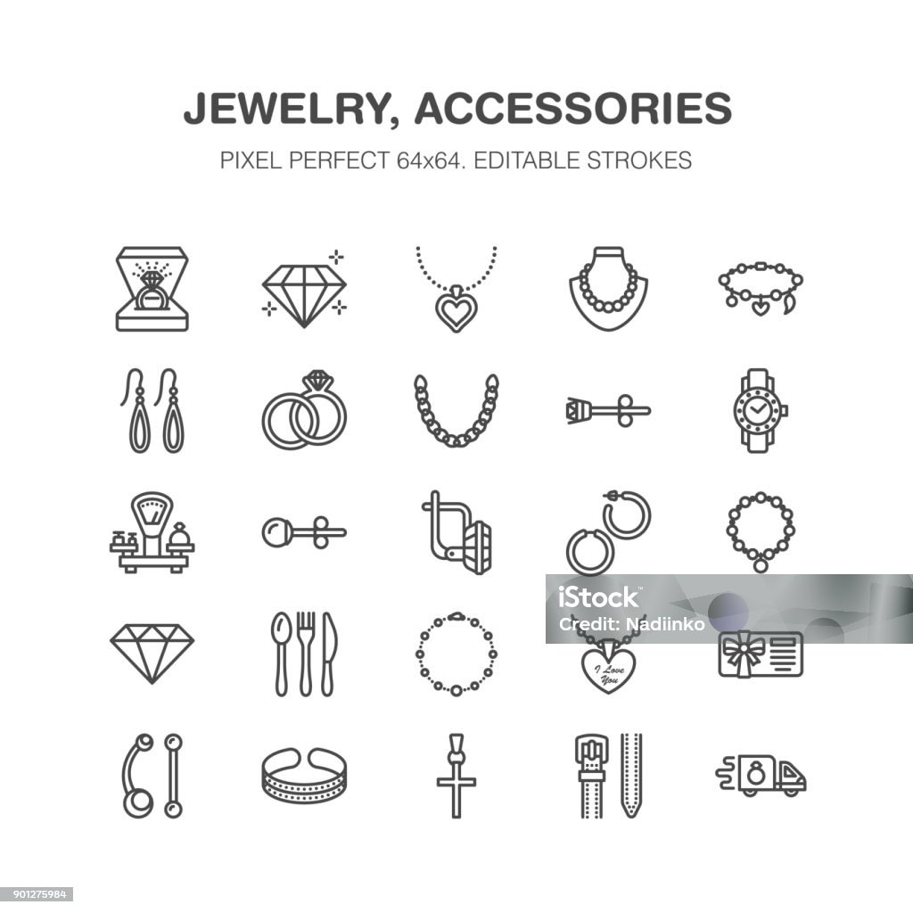 Jewelry flat line icons, jewellery store signs. Jewels accessories - gold engagement rings, gem earrings, silver chain, engraving necklaces, brilliants. Thin signs fashion store. Pixel perfect 64x64 Jewelry flat line icons, jewellery store signs. Jewels accessories - gold engagement rings, gem earrings, silver chain, engraving necklaces, brilliants. Thin signs fashion store. Pixel perfect 64x64. Icon Symbol stock vector