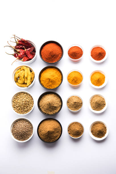 istock Indian colourful spices. Group photo of four basic Indian spices like raw red chilli, turmeric, coriander and cumin powder. selective focus 901276206
