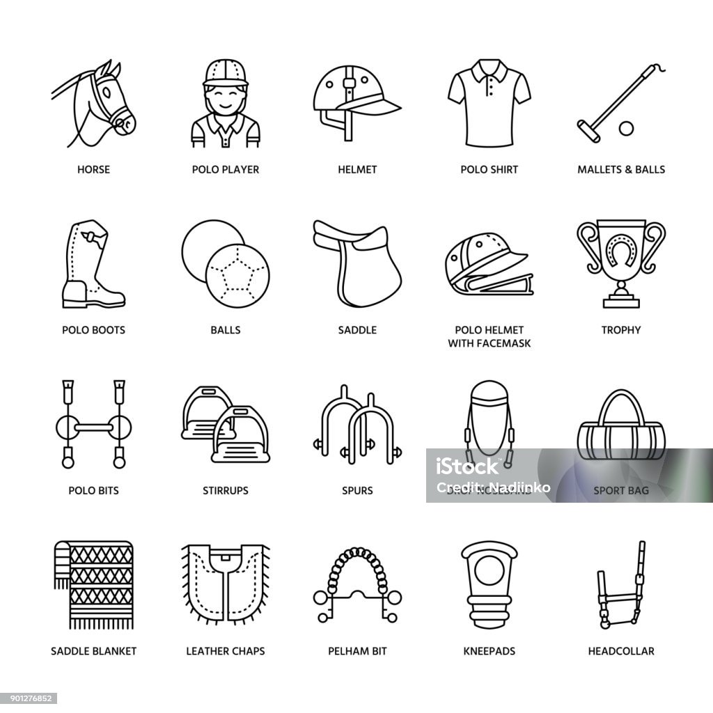 Horse polo flat line icons. Vector illustration of horses sport game, equestrian equipment - saddle, leather boots, harness, spurs. Linear signs set, championship pictograms for event, gear store Horse polo flat line icons. Vector illustration of horses sport game, equestrian equipment - saddle, leather boots, harness, spurs. Linear signs set, championship pictograms for event, gear store. Icon Symbol stock vector