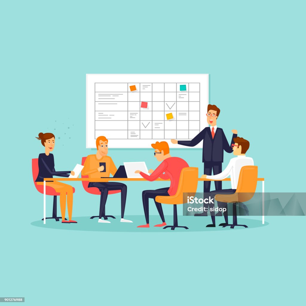 Teamwork, office, workplace, characters, business, planning board. Flat design vector illustration. Cartoon stock vector