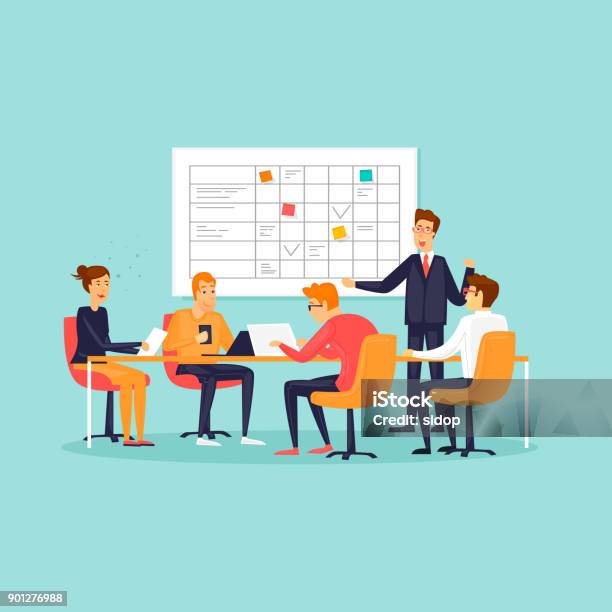 Teamwork Office Workplace Characters Business Planning Board Flat Design Vector Illustration Stock Illustration - Download Image Now