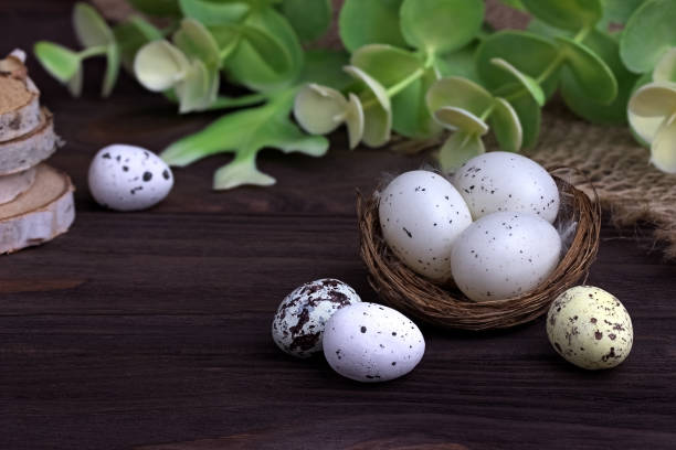 istock Easter decoration with Easter eggs in the nest burlap cloth green branches. 901280594