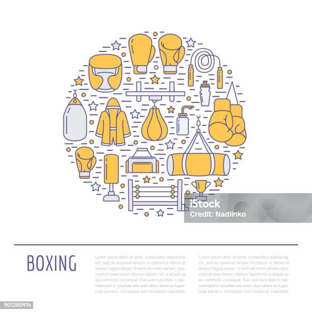 Boxing Poster Template Vector Sport Training Colored Line Icons Circle Illustration Of Equipment Punchbag Boxer Gloves Ring Heavy Bags Box Club Banner White Background Stock Illustration - Download Image Now