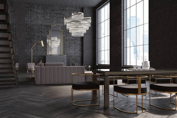 istock Gray and brick lving room and dining room 901281180