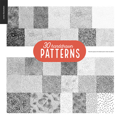 Handdrawn black and white 30 patterns set. Fur or leaves seamless black and white patterns