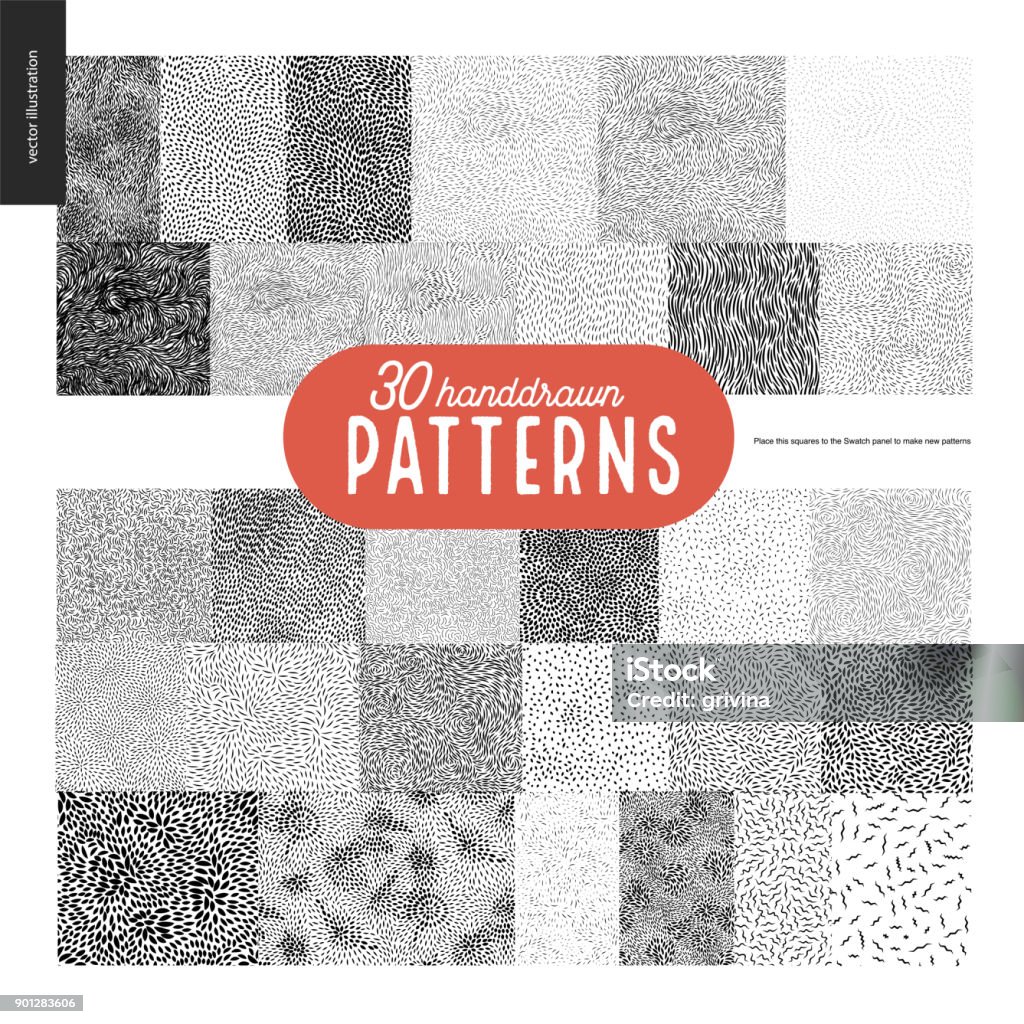 Hand drawn black and white 30 patterns set Handdrawn black and white 30 patterns set. Fur or leaves seamless black and white patterns Animal Hair stock vector