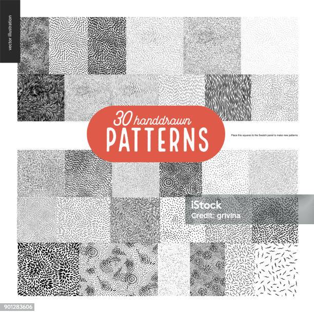 Hand Drawn Black And White 30 Patterns Set Stock Illustration - Download Image Now - Animal Hair, Pattern, Textured