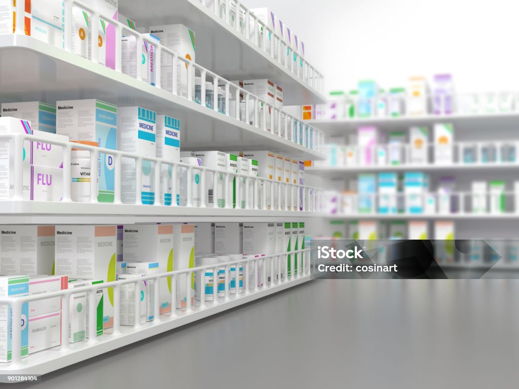 Pharmacy Interior Rack of medicines with generic texts.
 Medicine Stock Photo
