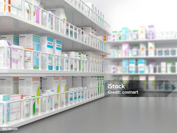 Pharmacy Interior Stock Photo - Download Image Now - Medicine, Shelf, Rack