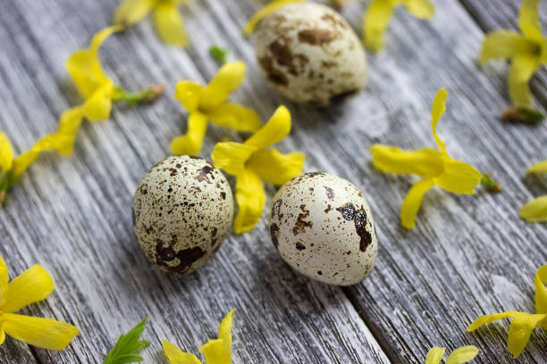 istock Easter decoration with spring yellow flowers and quail eggs on old wooden background.Easter eggs.Happy Easter or Spring concept 901284246