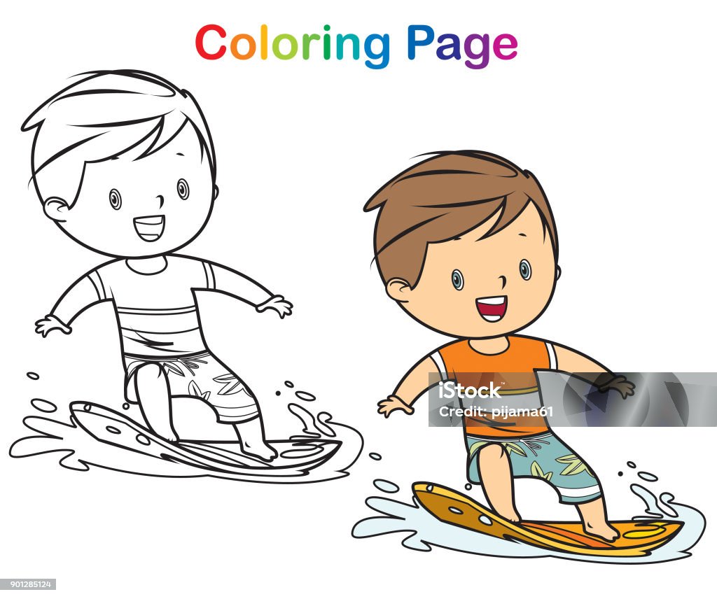 Coloring book surfer boy Vector coloring book surfer boy Child stock vector