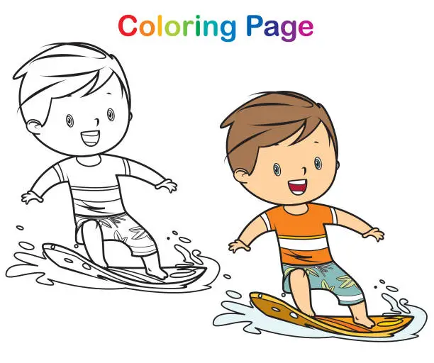 Vector illustration of Coloring book surfer boy