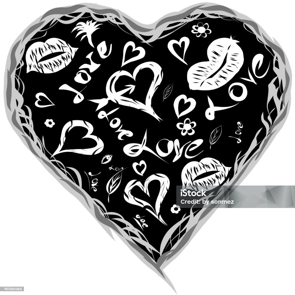 Trái Tim Đen Trắng Và Hoa Văn Nụ Hôn Hình minh họa Sẵn có - Tải ...
