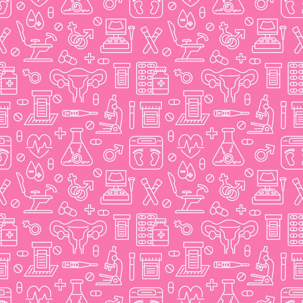 Medical seamless pattern, gynecology vector background pink color. Obstetrics, pregnancy line icons - ultrasound, gynecological chair, in vitro fertilization. Cute repeated illustration for hospital Medical seamless pattern, gynecology vector background pink color. Obstetrics, pregnancy line icons - ultrasound, gynecological chair, in vitro fertilization. Cute repeated illustration for hospital. pregnant patterns stock illustrations