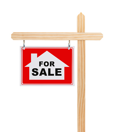 Real Estate For Sale Sign with House Isolated on White Background.