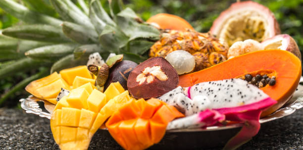 istock Exotic fruits on a tray 901323332