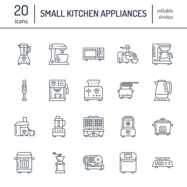 Kitchen small appliances line icons. Household cooking tools signs. Food preparation equipment - blender, coffee machine, microwave, toaster, meat grinder. Thin linear signs for electronics store Kitchen small appliances line icons. Household cooking tools signs. Food preparation equipment - blender, coffee machine, microwave, toaster, meat grinder. Thin linear signs for electronics store. espresso maker stock illustrations
