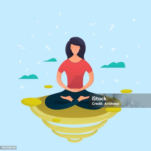 Young Woman Meditating In Lotus Pose Stock Illustration - Download Image Now - Meditating, Zen-like, Illustration