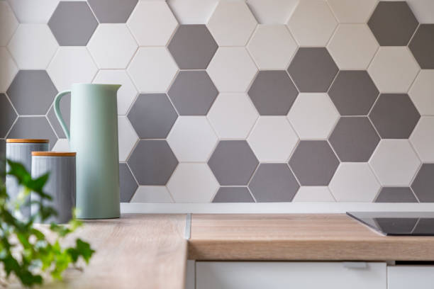 Honeycomb wall tiles and worktop Kitchen with honeycomb wall tiles and wooden worktop honeycomb pattern photos stock pictures, royalty-free photos & images