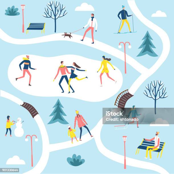 People In The Winter Park Set Stock Illustration - Download Image Now - Exercising, Winter, Bench