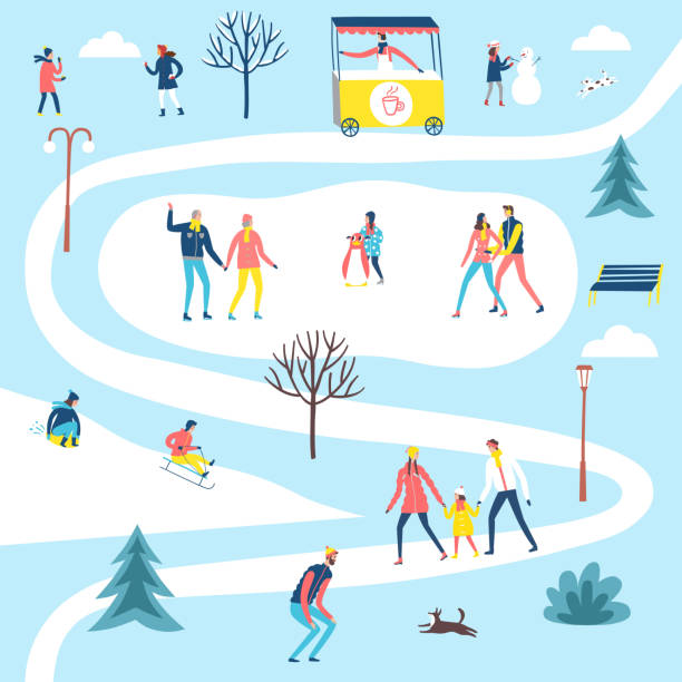 illustrazioni stock, clip art, cartoni animati e icone di tendenza di persone nel parco invernale. - ice skating sports venue animal winter
