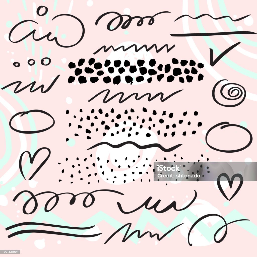 Vector set of brush pen strokes, lines and  dots. Vector set of brush pen strokes, lines and  dots. Abstract  design elements for your design Tracery stock vector