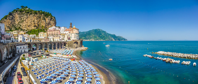 Scenic picture-postcard view of the beautiful town of Atrani at famous Amalfi Coast with Gulf of Salerno, Campania, Italy