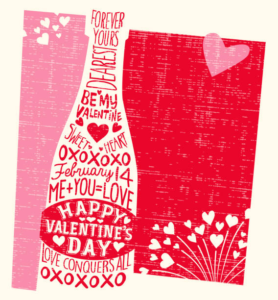 illustrazioni stock, clip art, cartoni animati e icone di tendenza di biglietto di san valentino felice con bottiglia di champagne, cuori e frasi d'amore scritte a mano. - heart shape exploding pink love