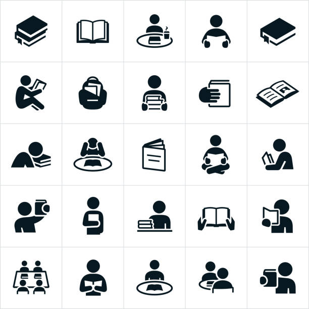 Reading Icons An icon set of students or people reading books. The icons also include open books and stacks of books. reading stock illustrations