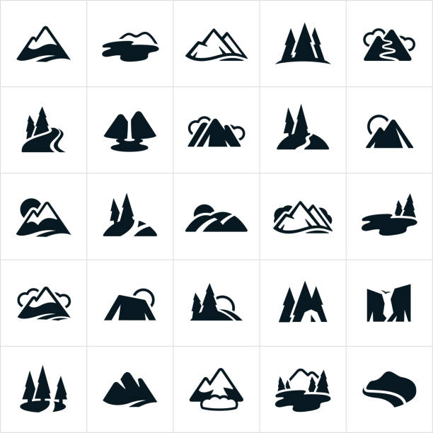 Mountain Ranges, Hills and Water Ways Icons A set of stylized icons showing mountain ranges, hills, lakes, waterfall, snow capped mountains, rivers and mountain trails. snow river stock illustrations