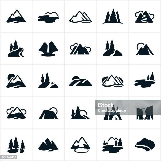 Mountain Ranges Hills And Water Ways Icons Stock Illustration - Download Image Now - Icon, Mountain, Forest