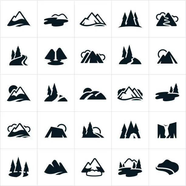 Vector illustration of Mountain Ranges, Hills and Water Ways Icons