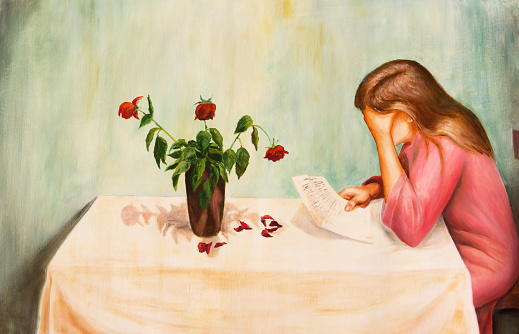A bouquet of wilting roses and a sad woman Oil painting