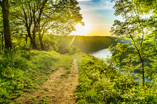 Beautiful Colorful Summer Morning On River Or Lake Blue Sunny Sky Green  Grass Lonely Calm Mood Meditative Nature Concept Copy Space Horizontal  Wallpaper Hdr Effect Scenic Background Stock Photo - Download Image