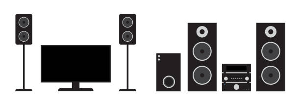 Flat black home cinema and stereo system set. Vector illustration of tv, receiver, subwoofer and speakers. Flat black home cinema and stereo system set. Vector illustration of tv, receiver, subwoofer and speakers hi fi stock illustrations