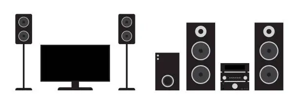 Vector illustration of Flat black home cinema and stereo system set. Vector illustration of tv, receiver, subwoofer and speakers.