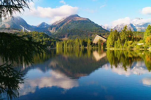 Mountain lake Strbske pleso in National Park High Tatra, Slovakia, Europe. Ski resort in summer and autumn time. Peaceful nature wallpaper. Tranquil vacations travel concept.