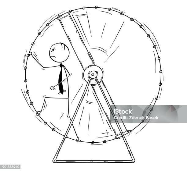 Conceptual Cartoon Of Business Man Running In Squirrel Wheel Stock Illustration - Download Image Now