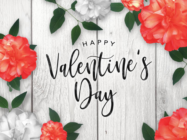 Happy Valentine's Day Celebration Text Over Red Roses Border with Rustic Whitewashed Wood