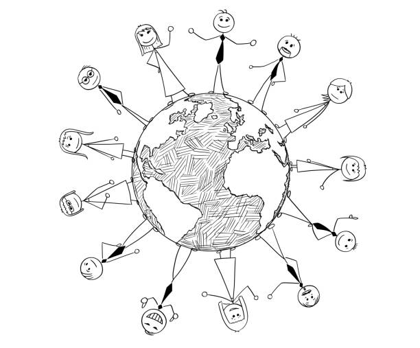 Conceptual Cartoon of International Business Cooperation Cartoon stick man drawing conceptual illustration of international cooperation of business people standing around the planet Earth world globe. funny contract stock illustrations