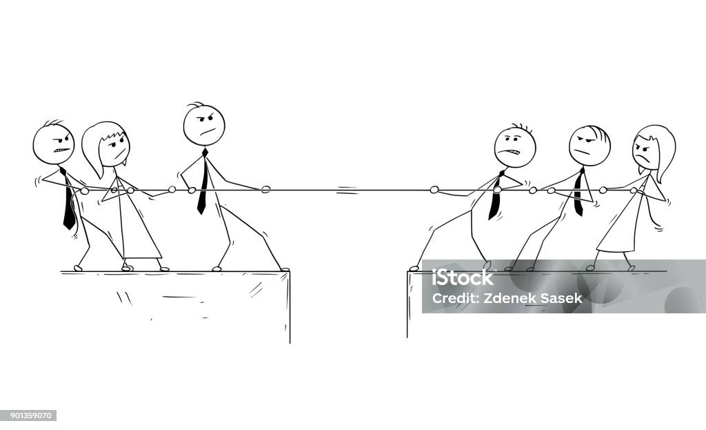 Conceptual Cartoon of Business Teams Competition Cartoon stick man drawing conceptual illustration of business office team competition of tug of war. Tug-of-war stock vector