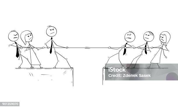 Conceptual Cartoon Of Business Teams Competition Stock Illustration - Download Image Now - Tug-of-war, Pulling, Stick Figure