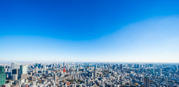 panorámica de la ciudad moderno skyline aérea vista pájaro de torre de tokio - tokyo prefecture skyline japan panoramic fotografías e imágenes de stock
