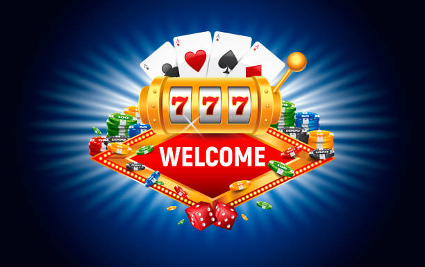 istock Casino Background with Slot machine, Playing Cards and Sign on the gradient blue background 901362208