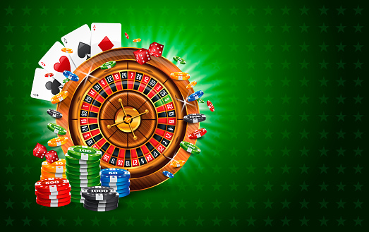 Casino Illustration with Roulette Wheel, Gambling Chips and Falling Red Dices