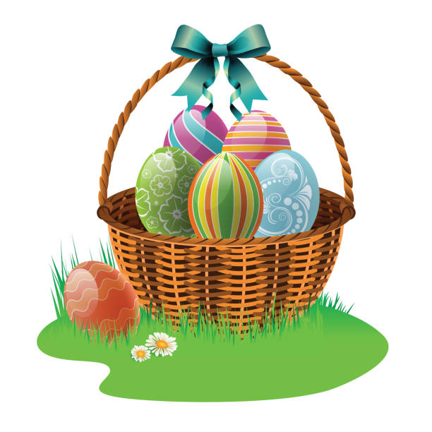 Easter Eggs in a Basket Easter basket with blue ribbon and colorful Easter eggs in green grass. Vector easter easter egg eggs basket stock illustrations